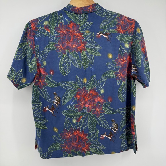 Tommy Bahama Silk Shirt Men XL Blue Christmas Reindeer Tropical Floral Camp 8298 - Picture 3 of 7
